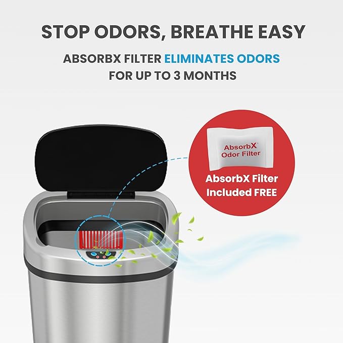 iTouchless 13 Gallon Oval Sensor Trash Can with Odor Filter, 50 Liter Automatic Kitchen Garbage Bin, Fingerprint-Proof Stainless Steel, Smart Hands-Free Motion Lid, Quiet Soft-Close, Brushed Silver