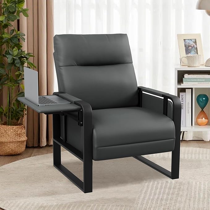 Modern Faux Leather Accent Chair Upholstered Armchair with Side Table for Bedroom Living Room Chairs Office Chair Grey Leisure Chair