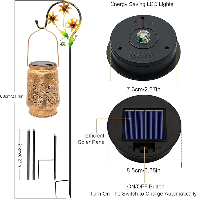 2 Pack Sunflower Solar Lanterns Garden Decor, Gifts for Women Mom Grandma Birthday, Metal Hanging Solar Lights Outdoor Waterproof LED Decoration with Shepherd Hook Outside for Yard Patio Lawn Porch