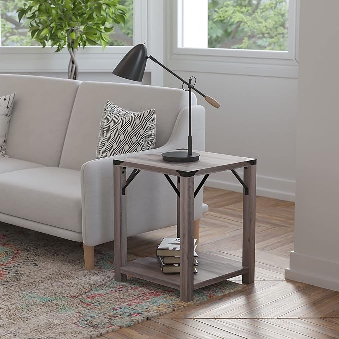 Flash Furniture Wyatt Modern Farmhouse 2 Tier Side Table - Gray Wash Engineered Wood Frame - Black Metal Crisscross Side Braces and Corner Accents