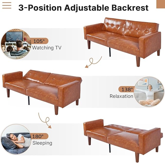Adjustable Backrest Convertable Sofa, Modern PU Leather 2-Seat Futon Sofa, Convertible Faux Leather Sleeper Couch with Armrests, Couch for Living Room Home Office Spaces