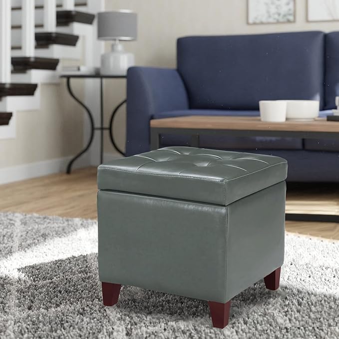 Adeco 18" Square Storage Ottoman with Hinged Lid, Waterproof Faux Leather Tufted Footstool, Sturdy Cube Seat for Living Room, Bedroom & Entryway, Supports 250lbs, Cement Grey
