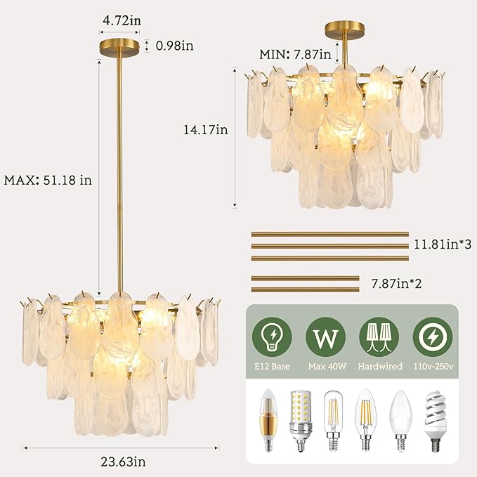 Modern Gold Chandelier Lighting, D23.6 Inch Creative Cloud Glass Pendant Ceiling Fixture Lamp, 3 Tier Round Crystal Glass Chandelier, 9-Light for Living Room Bedroom Dining Room (E12)