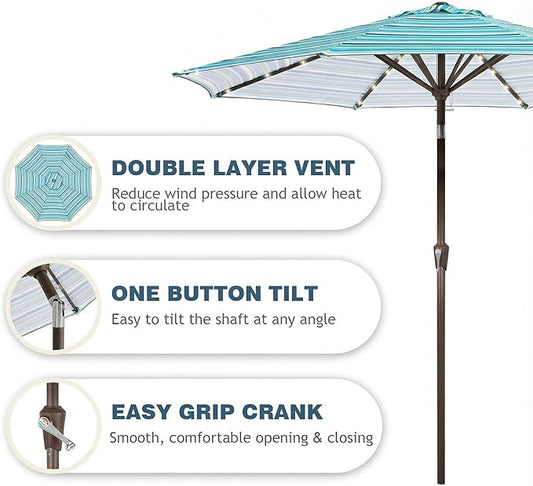 9FT Patio Umbrella with Solar Lights,Outdoor Market Umbrella with Tilt and Crank, LED Lighted Table Umbrella for Garden,Deck,Backyard,Pool,Beach (Blue Green Stripes)