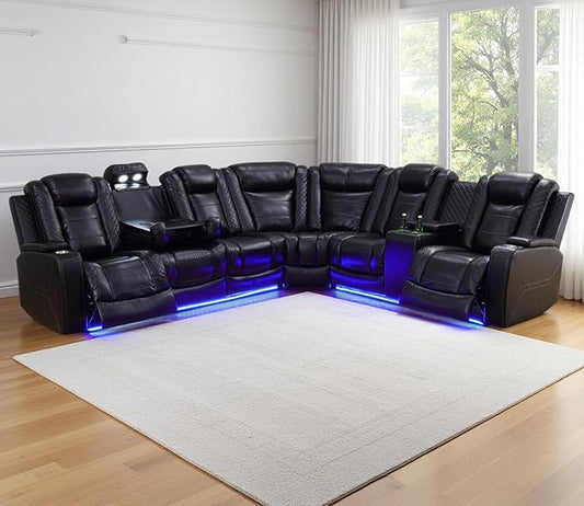 Power Recliner Sofa Sectional Couches with LED Light,Leather Reclining Corner Sectional Sofa with 2 Recliner Seats,Cup Holders,Storage Console for Living Room，Black