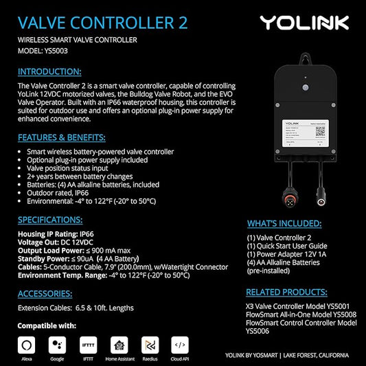 YoLink Wireless Smart Valve Control Kit, NSF Certified 1" Stainless Steel Motorized Valve, Wireless Controller 2, LoRa Long Range, D2D Offline with Leak Sensors, 2 Years Battery Backup