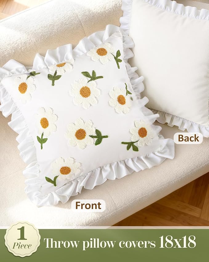 Embroidered Throw Pillow Cover - 18x18 Decorative Pillow Cover with Zipper Aesthetic Cute Design Boho Spring Summer Throw Pillowcase for Living Room Couch Sofa Bed, Ruffle Daisy