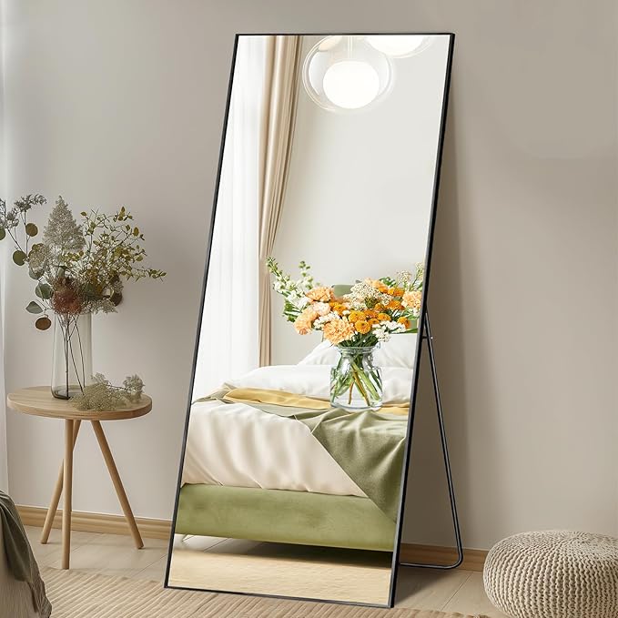DUMOS Full Length Mirror with Stand 56"x21" Floor Standing Aluminum Frame for Bedroom Body Hanging Leaning Modern Simple Home Decor Shatter-proorf Nano Glass Wall Living Room Cloakroom, Black