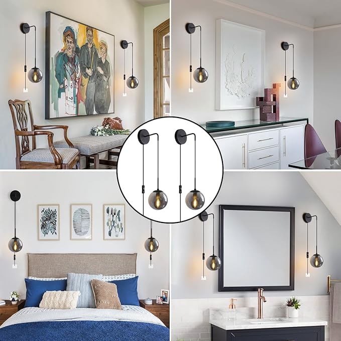 Wall Sconces Set of Two Matte Black Wall Lights for Bedroom Plug in Wall Sconces Set of 2 with Globe Smoke Grey Glass Shade Wall Lamp with Plug in Cord Sconces Wall Decor Set of 2 with Switch