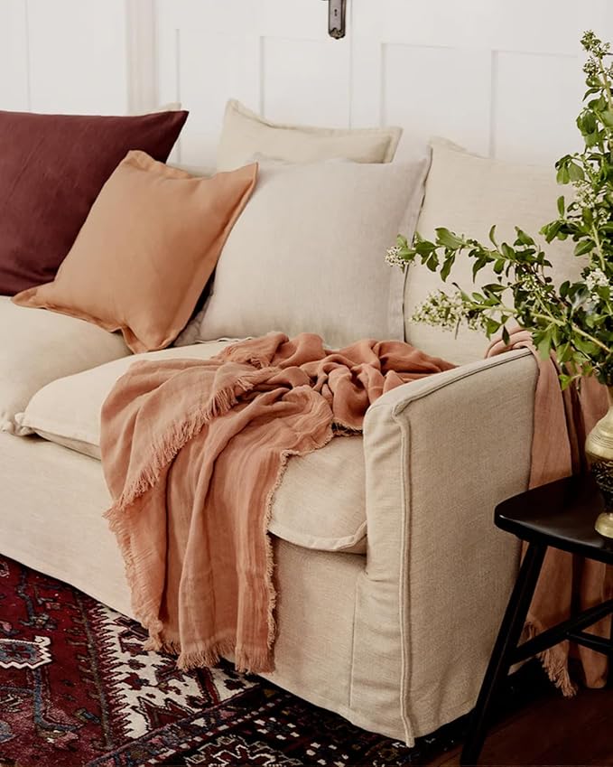 Bed Threads - Linen Muslin Throw - 100% French Flax Linen - Double-Layered & Frayed Edge - Eco-Friendly - Soft & Delicate Blanket - Two-Tone Design - Machine Washable - 87” x 59” - Terracotta/Hazelnut