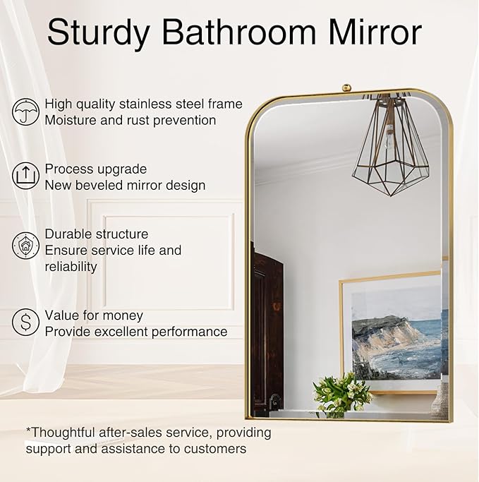 POZINO Brushed Gold Beveled Mirror, 20"x30" Vanity Wall Mirror for Over Sink, Stainless Steel Frame Mirrors with for Bathroom Bedroom Living Room Entryway Hallway Fireplace