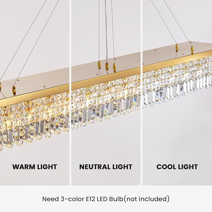 7PM Rectangle K9 Crystal Chandelier Modern Gold Crystal Chandelier Rectangular Pendant Lighting Fixture for Dining Room Kitchen Island Bedroom L59'' x W10'' x H9''