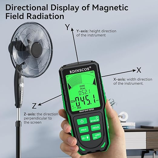 EMF Detector Meter, RDINSCOS EMF Meter for AC Magnetic & Electric Fields and Microwave Radiation, EMF Reader with Tri-Color Alarm, Backlit LCD, Cell Phone Detector