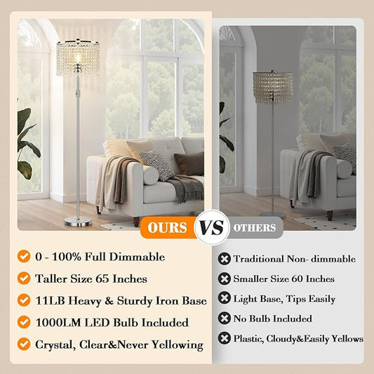 【Upgraded】 Dimmable Crystal Floor Lamps for Living Room, 1000LM LED Bulb Included, Standing Lamp with Knob Switch, Tall Silver Modern Floor Lamp for Bedroom Nursery Office Reading