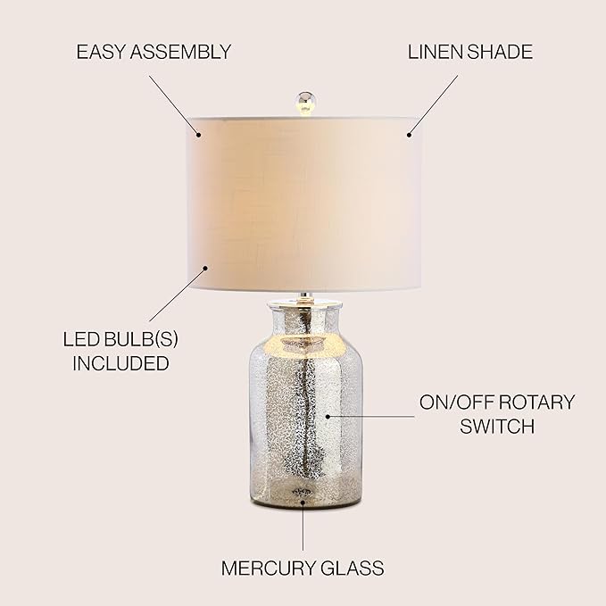 JONATHAN Y 24.5" Mercury Silver Trellis Glass Table Lamp for Living Room, White Linen Shade, Modern Bedside Nightstand Lamp for Bedroom, LED Bulb Included, UL Listed (JYL1084A)