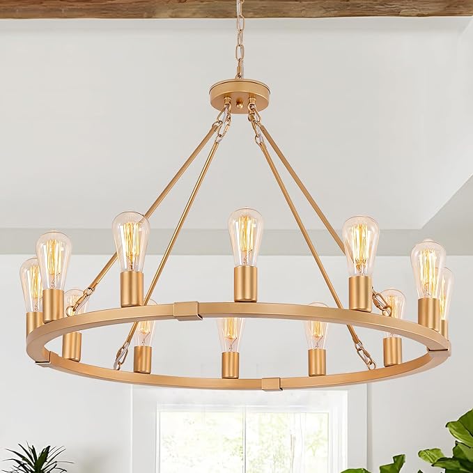 31.5" 12 Lights Gold Wagon Wheel Chandelier, Farmhouse Metal Round Industrial Large Round Pendant Light for Living Room Dining Room Foyer Entryway Kitchen