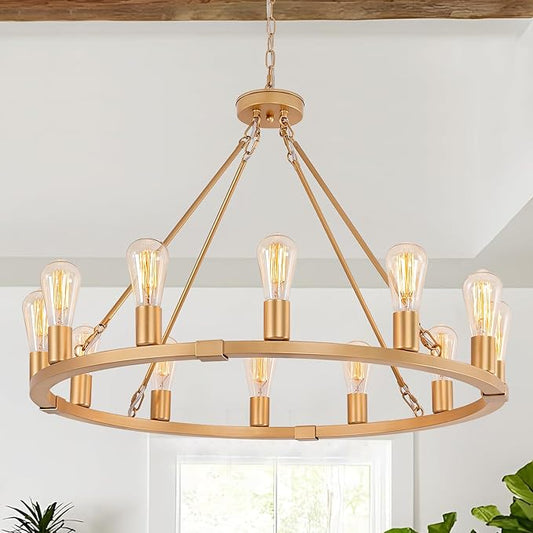 31.5" 12 Lights Gold Wagon Wheel Chandelier, Farmhouse Metal Round Industrial Large Round Pendant Light for Living Room Dining Room Foyer Entryway Kitchen