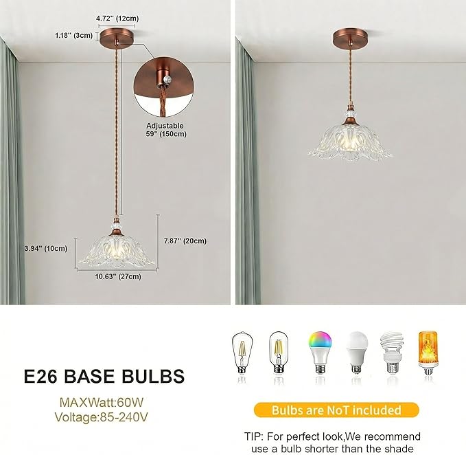 1 Piece Vintage Chandelier Light Fixtures with Crystal Glass Shade, Antique Red Bronze Finish Pendant Light for Kitchen Island, Hanging Light Fixture for Dining Room, Hallway, Living Room, Bedroom