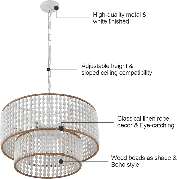 Dia 22 Inch Boho Wood Bead Chandelier Farmhouse, Bohemia Dining Room Light Fixture Over Table, White Bead Pendant Chandelier for Bedroom Kitchen Hallway Entryway Nursery Living Room Foyer