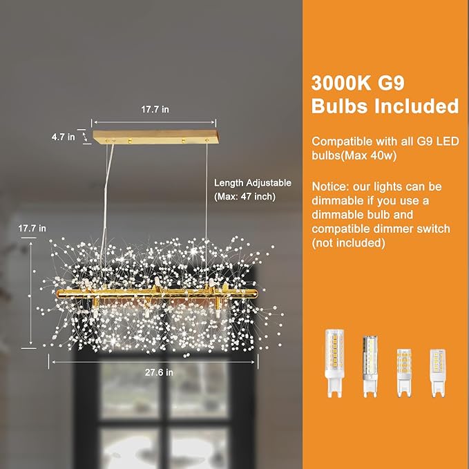 Depuley 27.5" Modern Gold Crystal Firework Chandelier, 9-Light Crystal Light Fixture Hanging, Linear Dandelion Chandelier, Sputnik Ceiling Pendant Light Fixtures for Dining Room(G9 Bulbs Included)