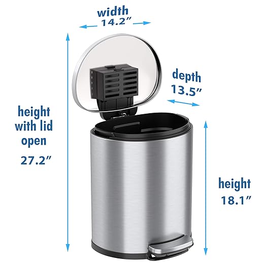 iTouchless SoftStep 5.3 Gallon Bathroom Trash Can with Odor Filter & Removable Inner Bucket, Stainless Steel, 20 Liter Space-Saving Semi-Round Step Pedal Garbage Bin for Bedroom, Home Office Cubicle