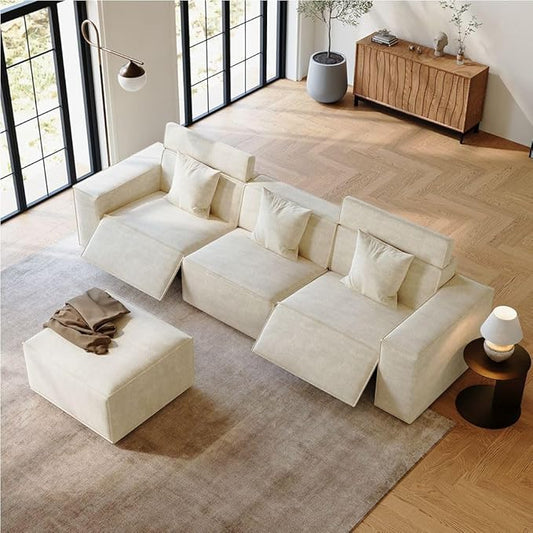115" Power Sofa,Modular Sectional Couches for Living Room,Modern Large Sofa with Recliners,Comfy Velvet Cloud Couch with Deep Seat with 1 Ottoman,Pet Friendly,Free Combination for Home(Beige)