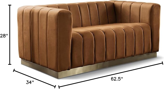 Meridian Furniture 603Saddle-L Marlon Collection Modern | Contemporary Velvet Upholstered Loveseat with Deep Channlel Tufting and Brushed Gold Finish, Saddle, 62.5" W x 34" D x 28" H