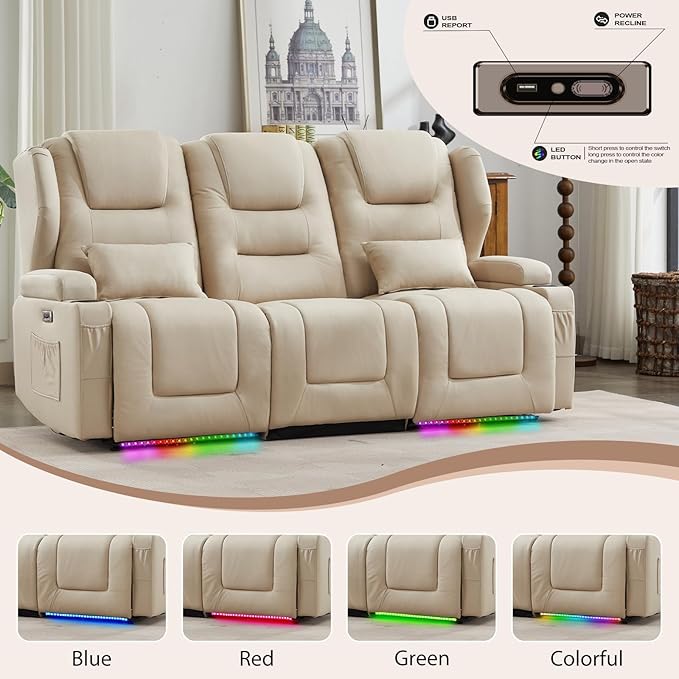 Oprisen 3-Seater Power Recliner Sofa Couch Flip Middle Backrest Reclining Sofa Chair for Living Room with Charging Station/Cup Holders/LED Ambient Light