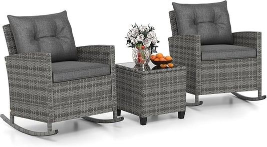 Tangkula 3 Piece Wicker Rocking Set, Patio Rattan Roker Chairs with Tempered Glass Table & Soft Cushions, Outdoor Furniture Set for Backyard, Poolside Porch (Grey)