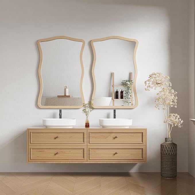 ULIKE Wavy Wall Mirror for Bathroom, 24x36 Wood Frame Mirror for Over Sink, Rustic Wall Mirrors Decorative and Vanity Mirrors for Bedroom Living Room Entryway, Natural