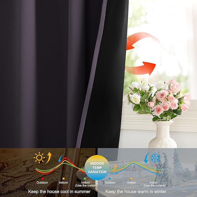 NICETOWN Purple Brown Blackout Curtain Panels, 52 x 84 Inches Rod Pocket Window Curtains with Black Liner for Nursery, Cold and Full Light Blocking Draperies, Style for Bedroom Living Room, 2 Pieces