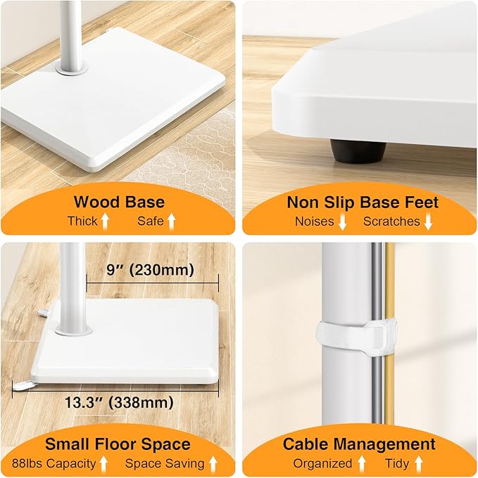 TVON Floor TV Stand with Mount for Most 32-60 Inch TVs up to 88lbs, Height Adjustable TV Floor Stand with Wood Base for Space Saving, Tall Floor TV Stand for Bedroom, Corner & Living Room, White