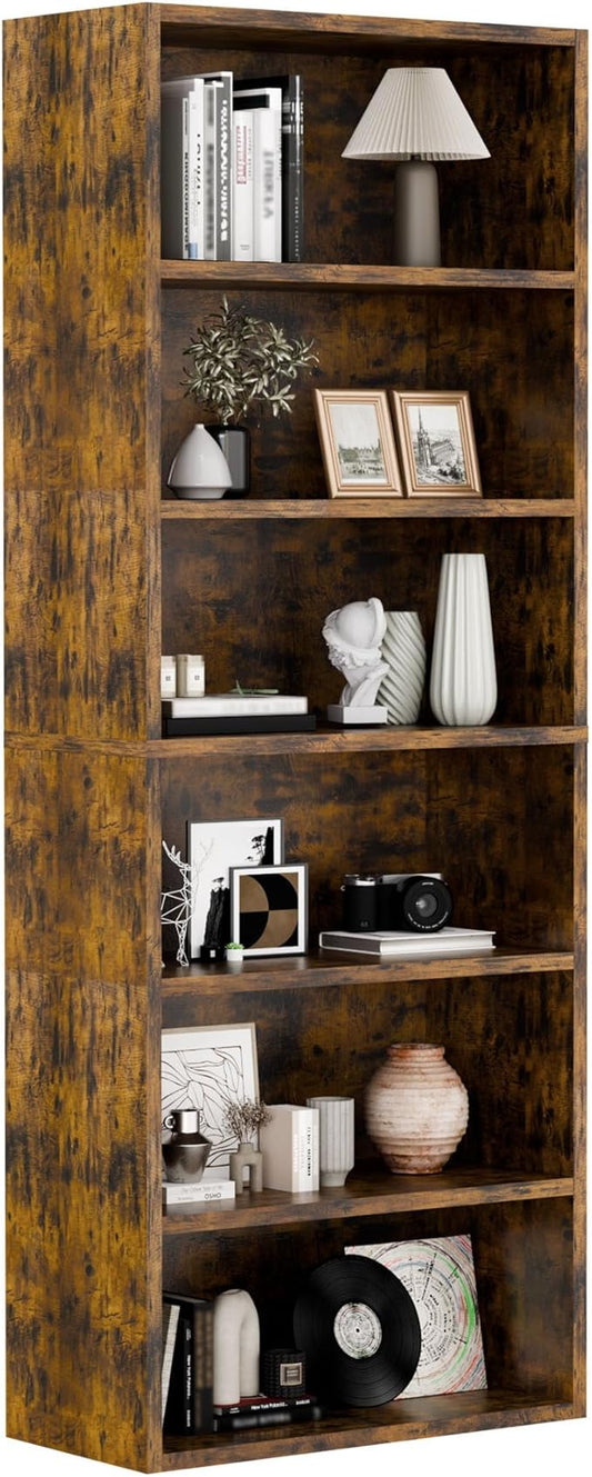 6-Tier Industrial Bookcase, 63" Tall Freestanding Wood Bookshelf with Open Display Storage Shelves for Living Room, Bedroom, Home Office, Rustic Brown