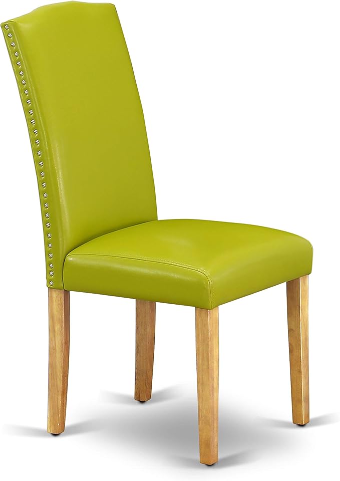 East West Furniture ENP4T51 Encinal Parsons Dining Chairs - Nailhead Trim Autumn Green Faux Leather Upholstered Chairs, Set of 2, Oak