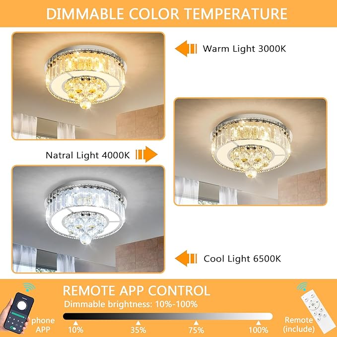 11.8'' Silver Modern Crystal Chandeliers for Dining Room LED Dimmable Light Fixtures Flush Mount Light Living Room Bedrooms