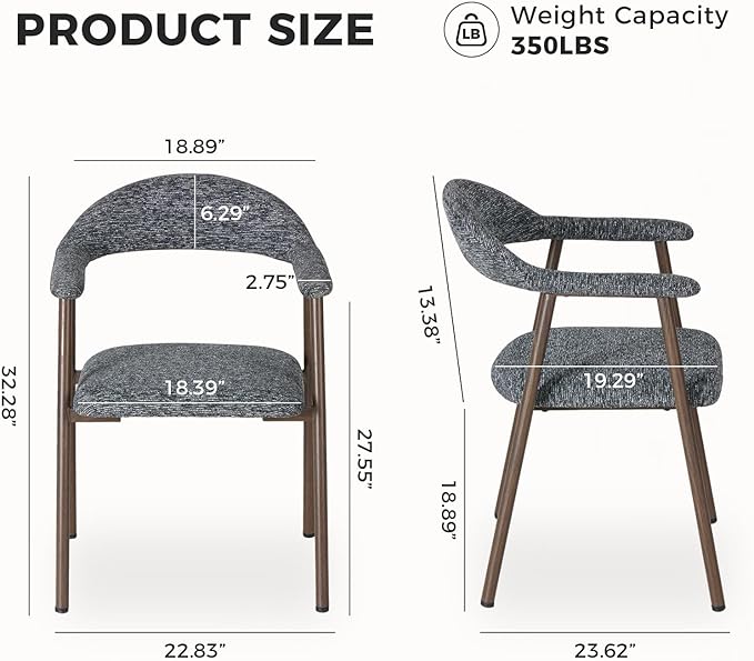 DUMOS Dining Chairs Set of 2, Modern Linen Fabric Upholstered Kitchen Side Chairs with Curved Backrest, Accent Farmhouse Metal Chairs for Kitchen Dining Room Restaurant Cafe, Gray