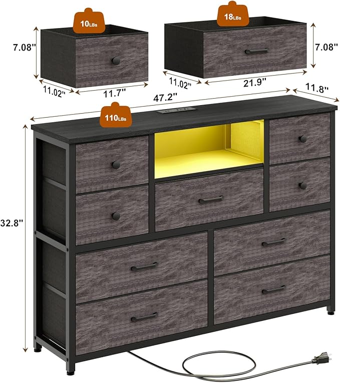 NONGSHIM Dresser with Charging Station and LED Lights, Long Dressers for Bedroom Dresser TV Stand with 9 Drawers, Fabric Chest of Drawers with PU Finish, Wide Dressers Storage Organizer, Grey