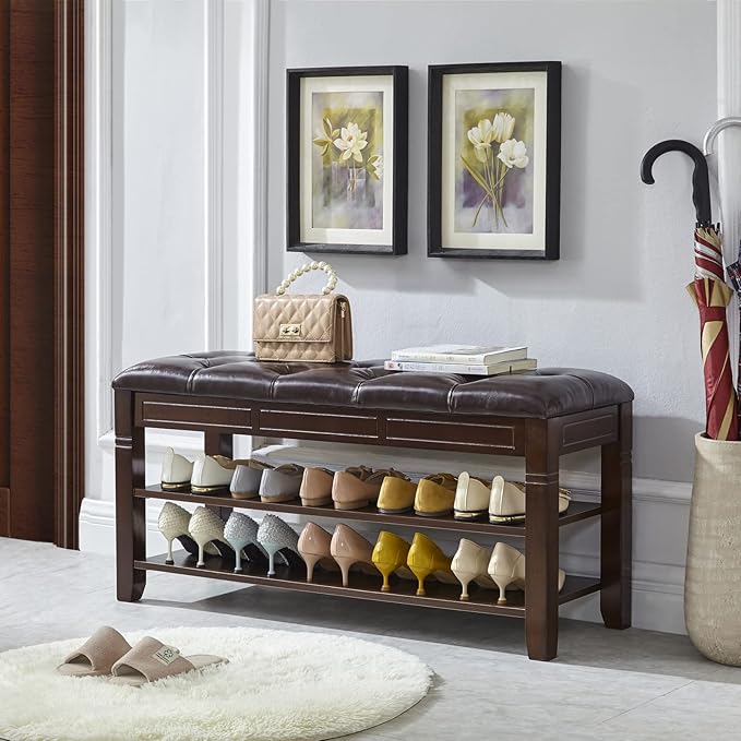 LEILISI Shoe Bench, Storage Rack Organizer with Cushion 2 Tier Lift Top Shoe Rack for Entryway Living Room Bedroom Hallway Wooden Furniture (Brown, 39.4'')