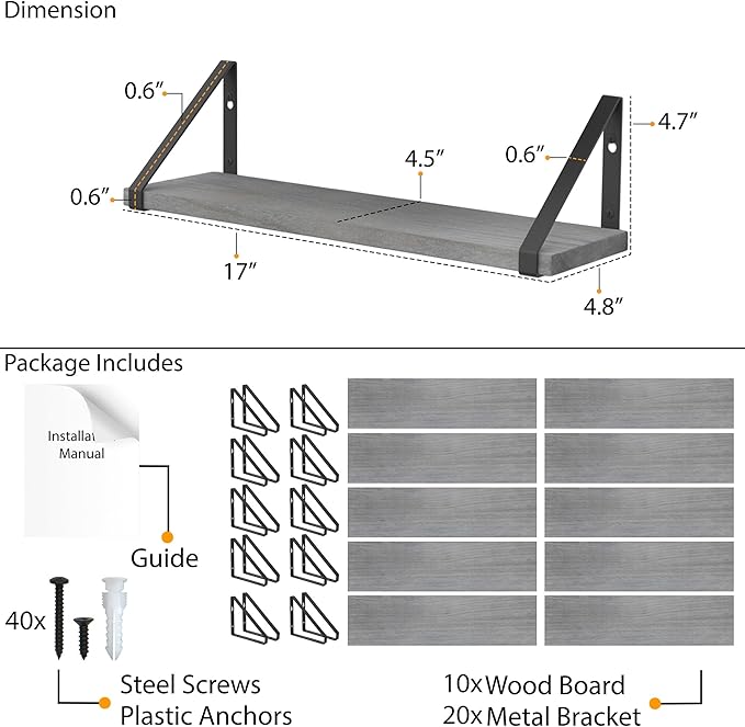 Wallniture Ponza 17'' x 4.5'' Floating Wall Shelf Bathroom, Small Wood Book Shelves for Wall Storage, Wall Mounted Shelf, Dining Room, Bedroom, Living Room, Office & Kitchen Organization, Gray, 10pcs