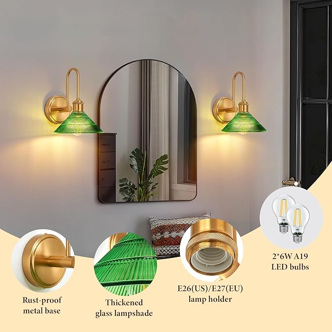 Wall Sconce Set of 2, Gold Vintage Light Fixtures with Round Green Glass Lampshade, Hardwired Sconces Wall Lighting for Bedroom, Bathroom, Living Room | Includes 2 LED Bulbs