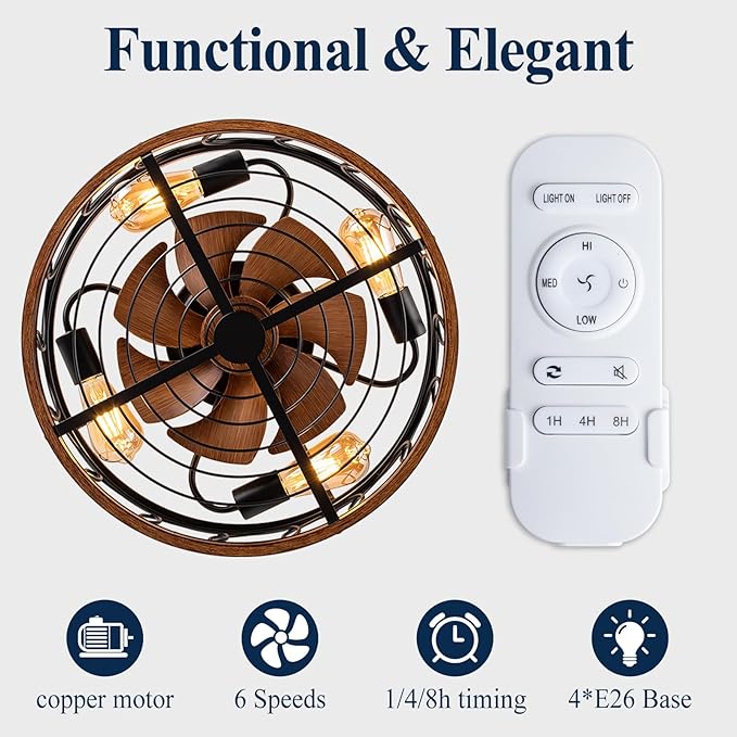 NORFOLK Farmhouse Ceiling Fans with Lights and Remote, 20'' Low Profile Caged Lighting with Bladeless Fan, Rustic Flush Mount with E26 Bulb Base for Bedroom, Living Room, Patios