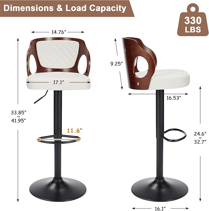 VECELO BarStools Set of 2,Counter Height Stools with Bentwood Back&Arm, Swivel Barstools,PU Leather Kitchen Island Stools, Adjustable Height Bar Chairs for Club Pub Dining Room,White