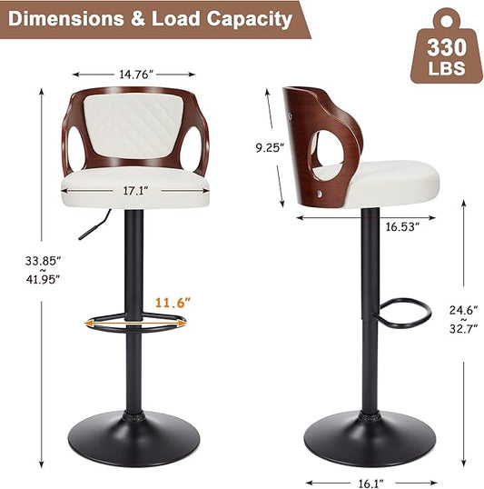 VECELO BarStools Set of 2,Counter Height Stools with Bentwood Back&Arm, Swivel Barstools,PU Leather Kitchen Island Stools, Adjustable Height Bar Chairs for Club Pub Dining Room,White