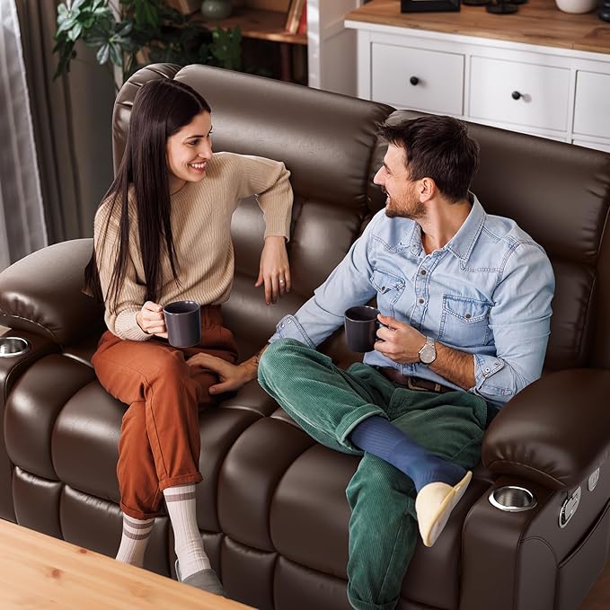 Loveseat Recliner Sofa, PU Leather Reclining Loveseat with USB Charge Ports, Cup Holders, 2 Seater Manual Pull Tab Recliner Loveseat Couches for Living Room, Brown
