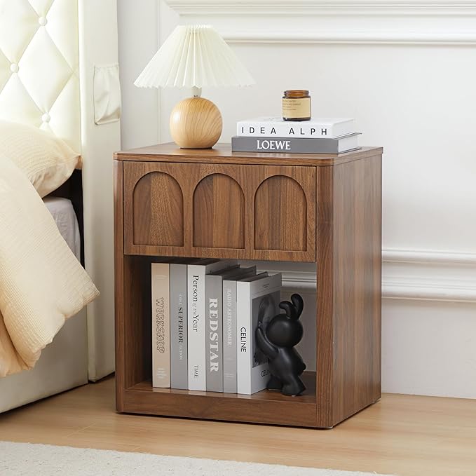 Small Nightstand with Storage, Accent Bedside Nightstand with Drawer, Mid Century Modern Bedroom Bed Side Table for Small Spaces, Dorm, Living Room, Couch Sofa Chair, Office - Walnut