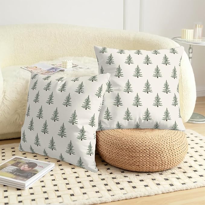 Christmas Tree Throw Pillow Covers Green White Xmas Pillow Cases 20x20 Inch Set of 2 Vintage Rustic Outdoor Seasonal Pillowcase Winter Holiday Farmhouse Decoration for Home Couch