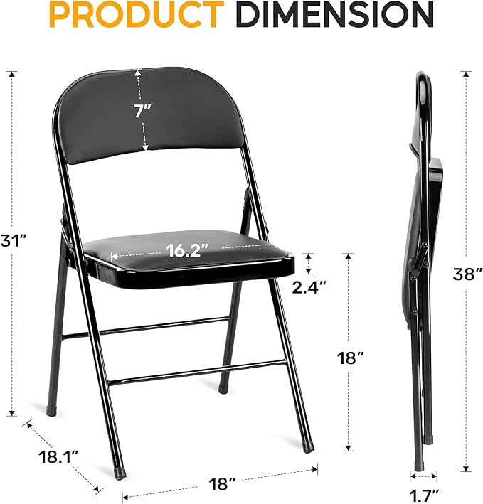 Simple Deluxe Dining Chairs Set of 2, Leather Cushion Foldable Modern Kitchen Side Chair with Padded Back& Metal Legs, Upholstered Dinner Seat Gift for Home/Living Room/Bedroom/Restaurant, Black