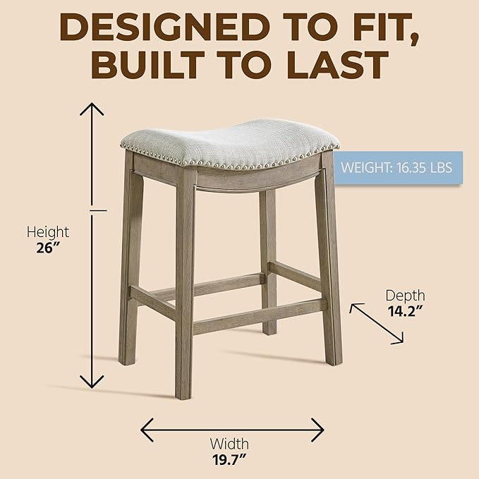 ROME + OAK Set of 4 Parker 26" Counter Stool, Backless Saddle Kitchen Barstool in Reclaimed Oak Finish with Ash Grey Fabric Upholstery Cushion Seat