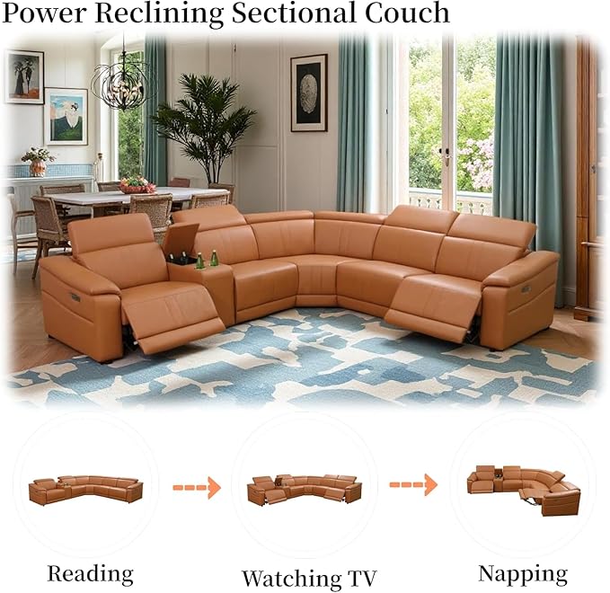 Power Recliner Sectional Sofa, L-Shaped Leather Sofa Set for Living Room, Power Reclining Sofa with USB Ports, Storage Console & Cup Holders, Breathing Leather Couch with Recliner (Orange)