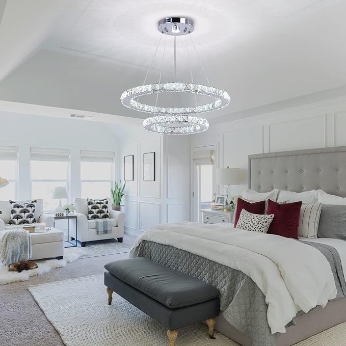 TongLan LED Modern Crystal Chandelier 19.7 x 11.8 inches Ceiling Pendant Light 2 Rings Adjustable Stainless Steel Lighting Fixtures Dining Room Living Room (White)